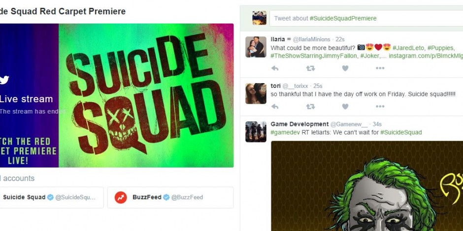 Twitter and Buzzfeed fashion an audience with Suicide Squad red carpet premiere live-stream